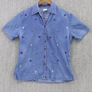 Vintage Cascade Blues Denim Shirt Women Medium Blue Button Down Short Sleeve Y2k